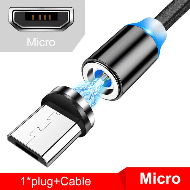 Black magnetic USB charging cable with glowing LED light indicator on a white background.