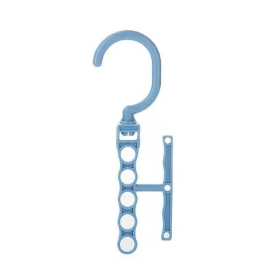 Blue rotating wardrobe hanger with five hooks and handle for organising multiple clothing items