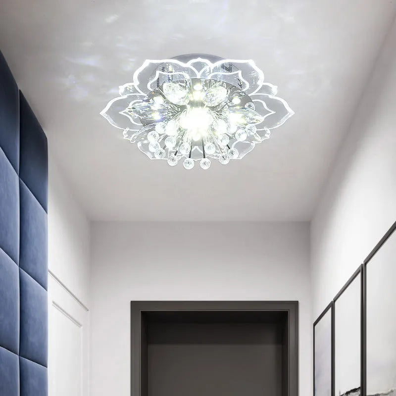 Modern minimalist crystal ceiling lamp with flower shaped shade in stainless steel and acrylic for living room