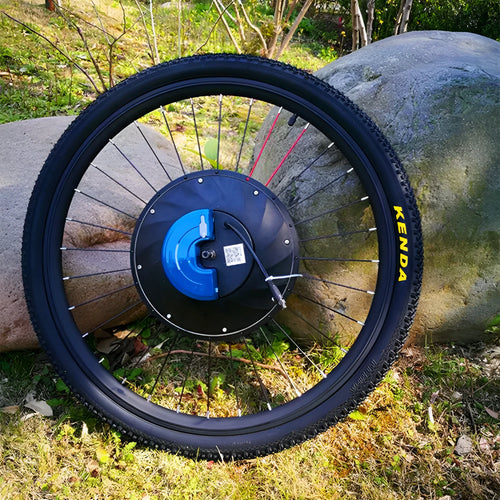 26-inch bicycle electric conversion kit showing alloy hub motor, lithium battery pack, and charger with plug options.