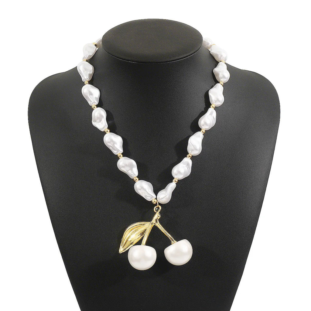Creative cherry fruit necklace with irregular pearl chain in gold or white K colour, adjustable 51-60cm length