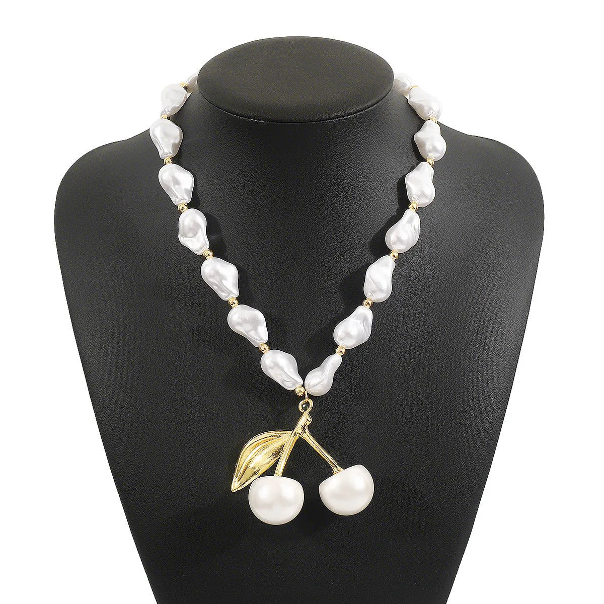 Creative cherry fruit necklace with irregular pearl chain in gold or white K colour, adjustable 51-60cm length