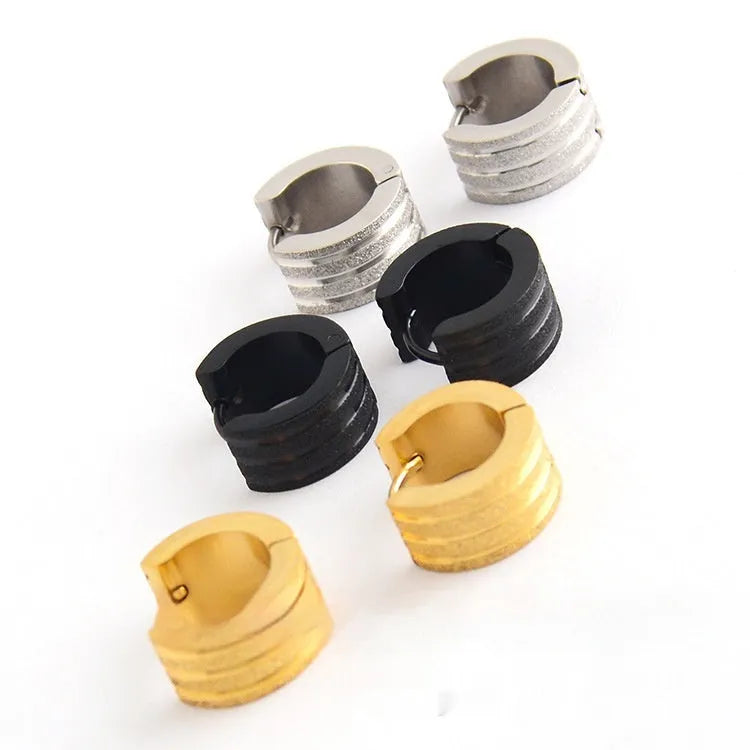 Korean style geometric pattern frosted titanium steel earrings in black, gold, and steel colour options
