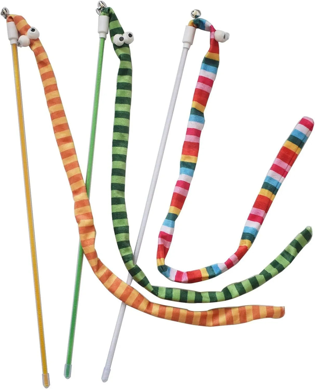 Cat wand toy with polycarbonate handle and long plush strip in vibrant colours