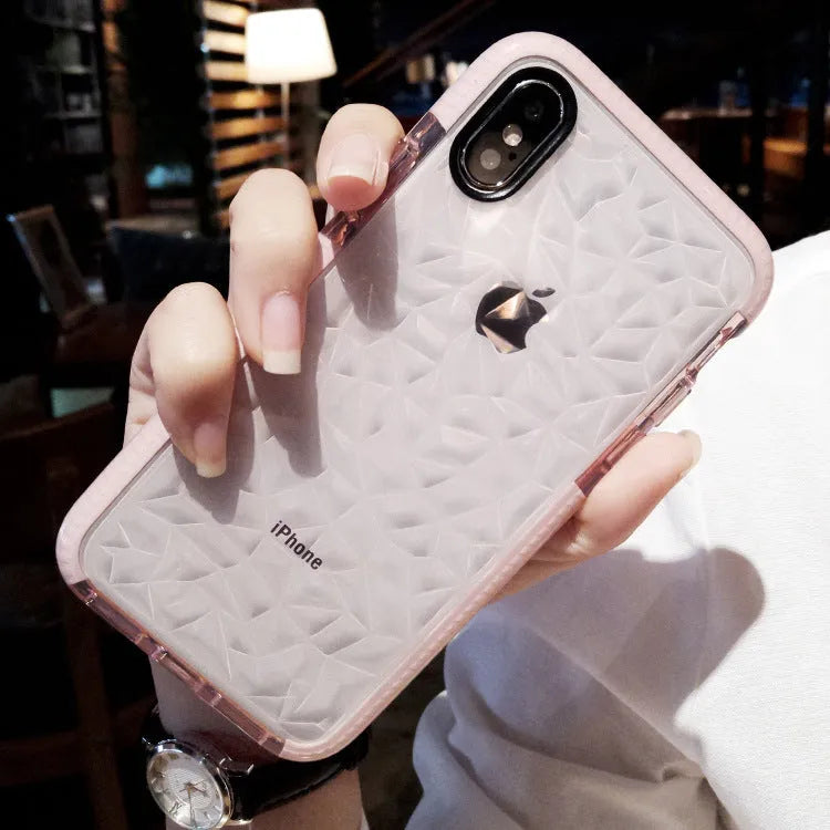 TPU striped back cover phone case for iPhone, shown in pink edge, white edge, and black border colour options.