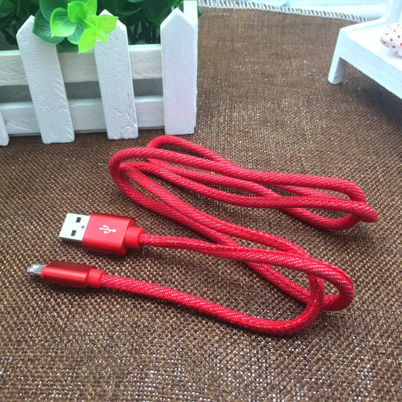 Denim fabric Type-C charging cable with aluminium alloy connectors in black, blue or red colour