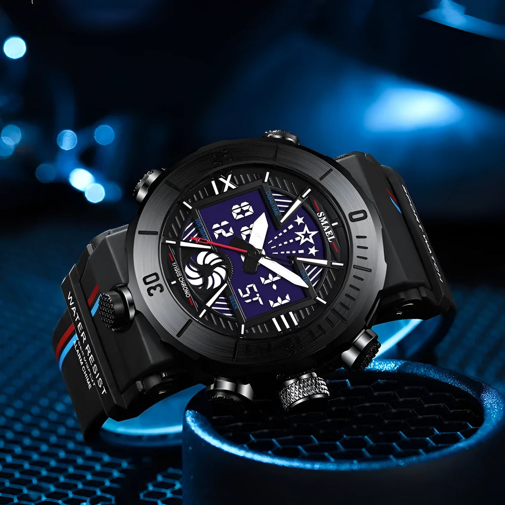 Sports waterproof electronic men's watch with 49mm round dial alloy case and PU strap in black