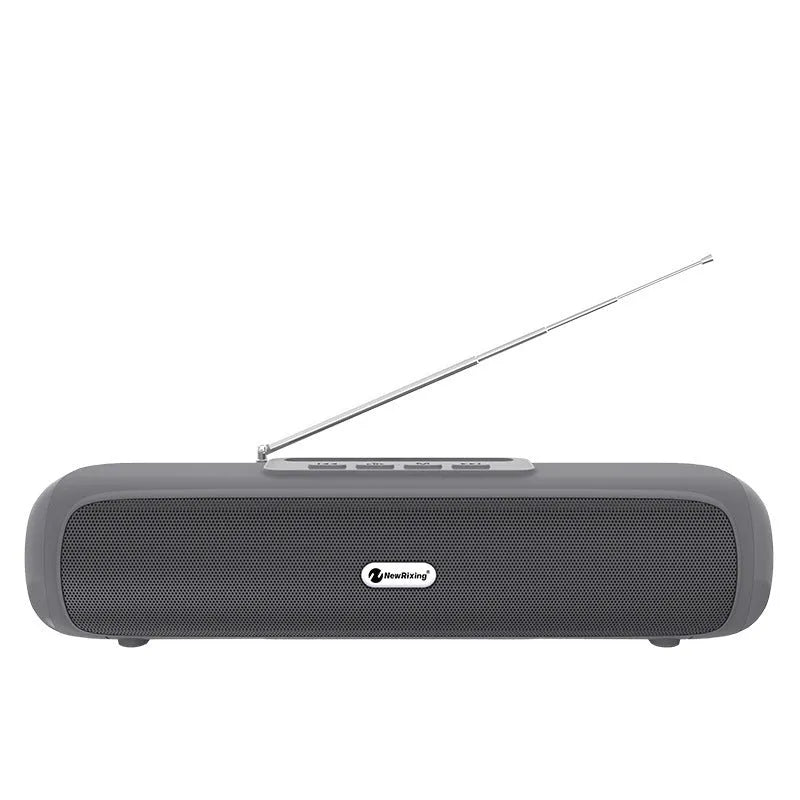 Desktop wireless long strip subwoofer in black, blue, red, or silver grey with USB charging port.