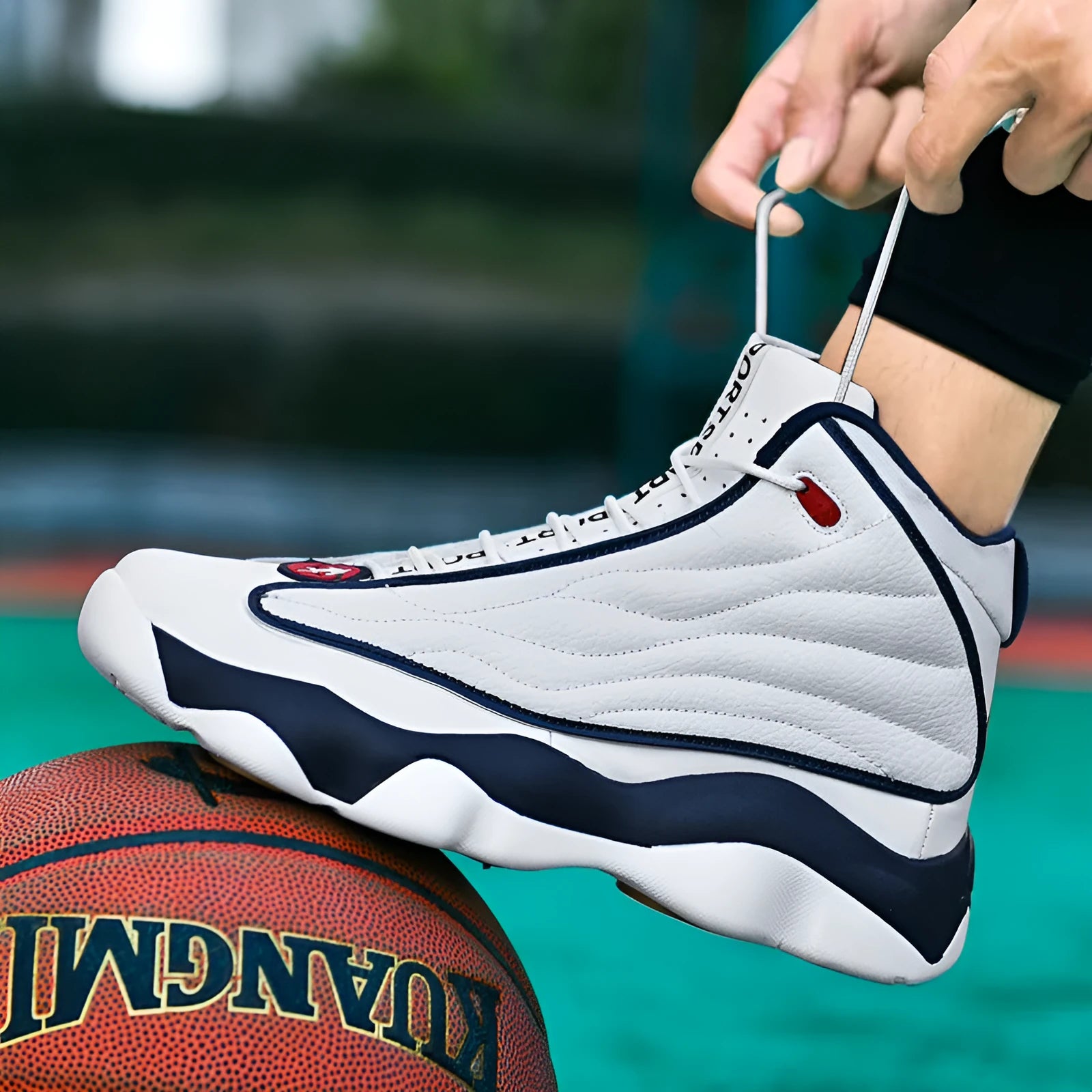 Men's high-top mesh basketball shoes in AJ13 white red colour with thick rubber sole.
