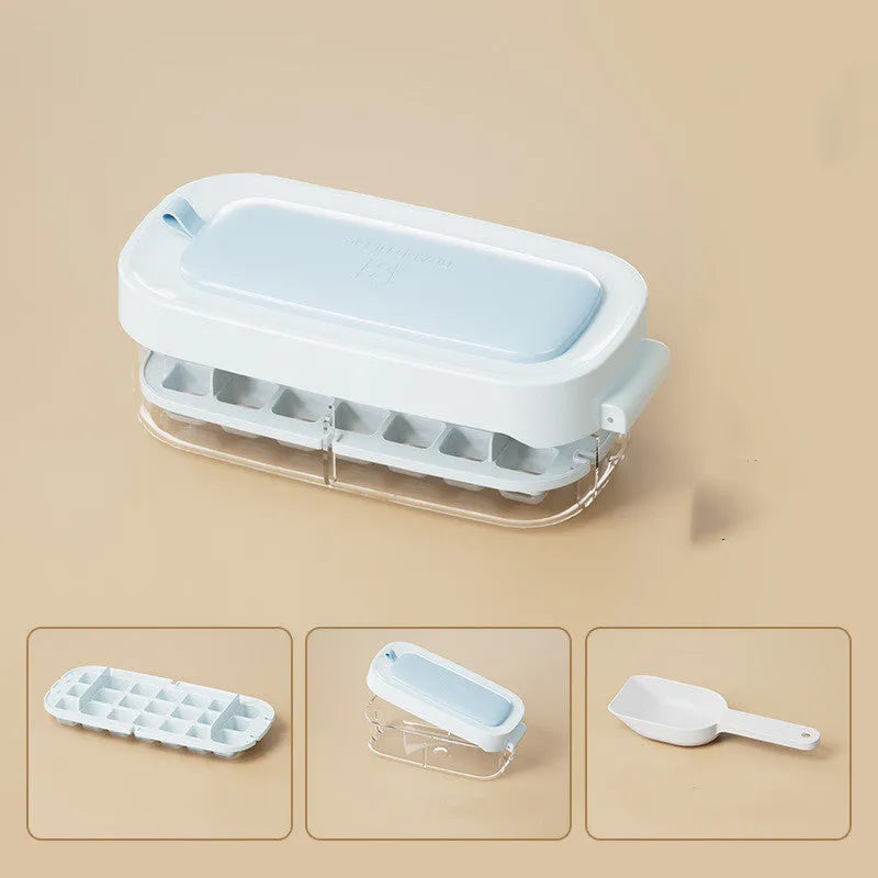 High-capacity plastic ice cube tray with ice shovel in blue, green, purple, or yellow colour options.