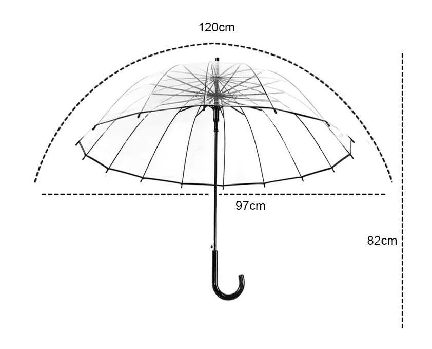Big Long Handle 16 Rib Transparent Umbrella with POE Fabric Canopy Black Steel Skeleton ABS Plastic Handle for Rain Protection Black White Colour Options