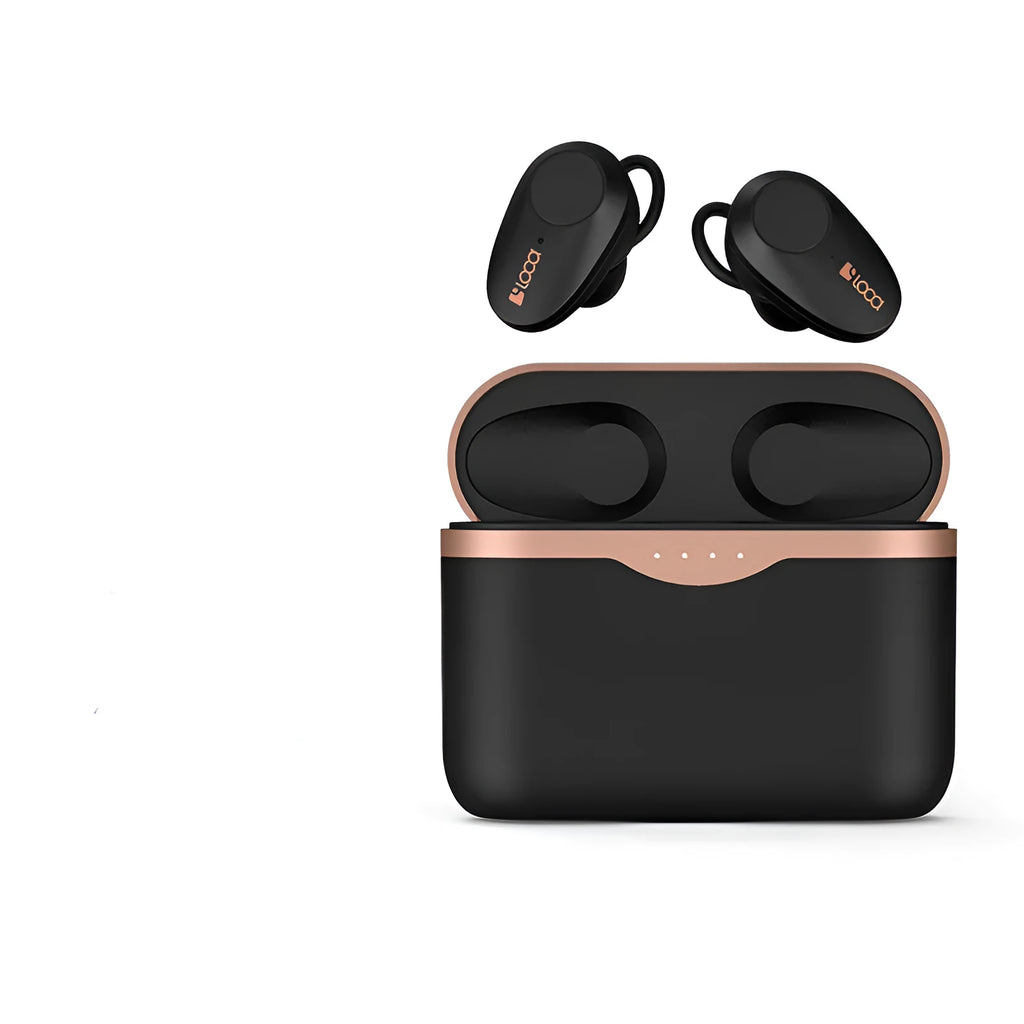 Black wireless Bluetooth headset with earpieces and charging stand, featuring ANC noise reduction.
