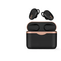 Black wireless Bluetooth headset with earpieces and charging stand, featuring ANC noise reduction.