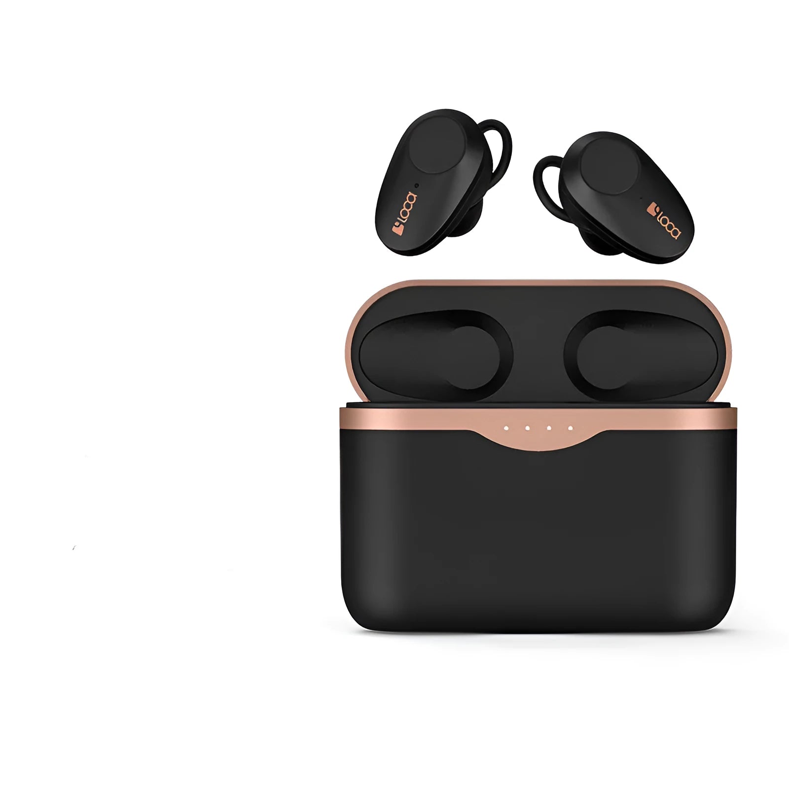 Black wireless Bluetooth headset with earpieces and charging stand, featuring ANC noise reduction.