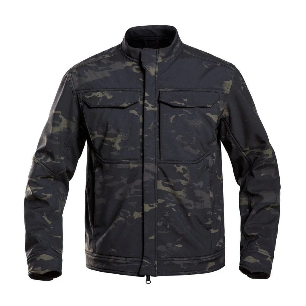 Black soft shell mountaineering jacket with polyester windproof and wear-resistant fabric for outdoor activities