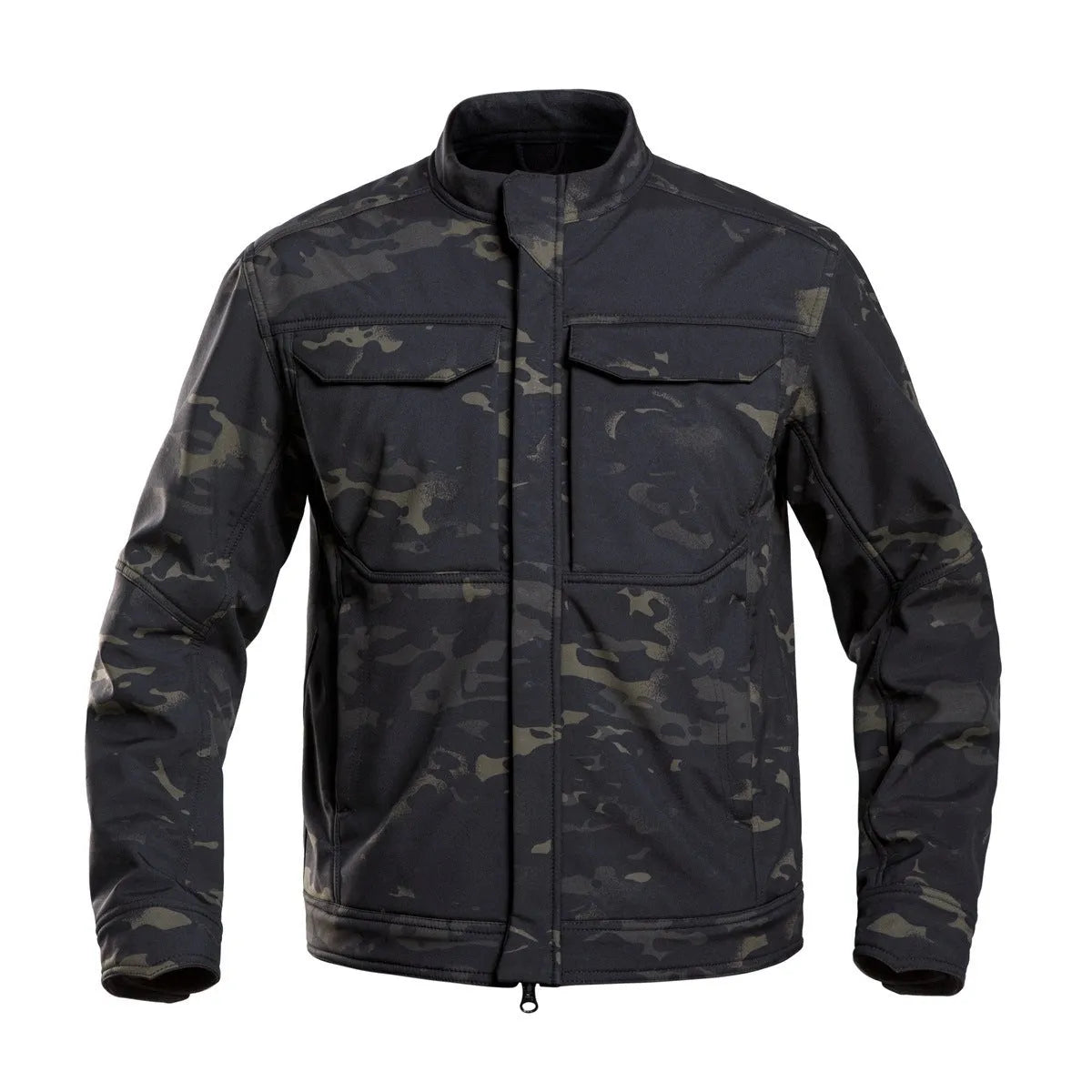 Black soft shell mountaineering jacket with polyester windproof and wear-resistant fabric for outdoor activities