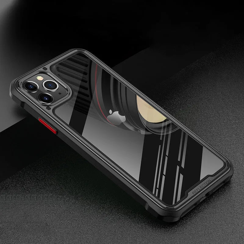 Transparent silicone iPhone 11 case showing PU+TPU construction and business style design