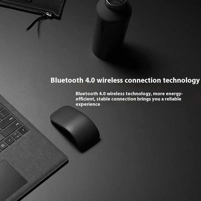 Folding touch wireless mouse in black showing compact folded and unfolded positions with Bluetooth connectivity