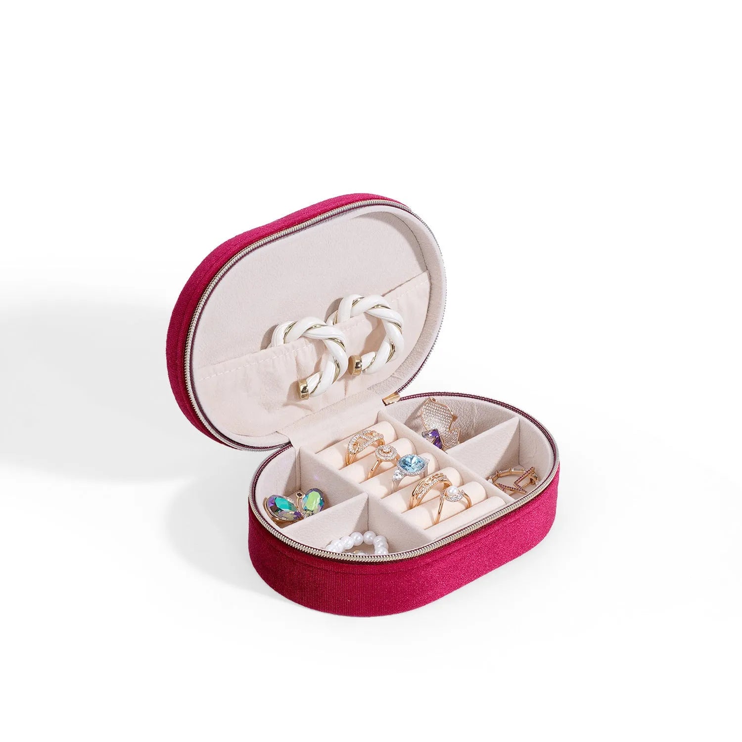 Oval velvet jewellery storage box with flannel lining in multiple colour options