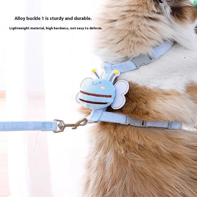 Bee-shaped teddy cat leash and harness set in blue colour with adjustable straps for outdoor use