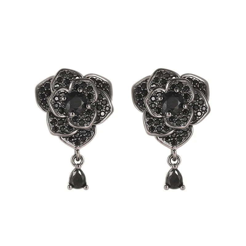 Black rose zircon floral stud earrings with 18K gold electroplating