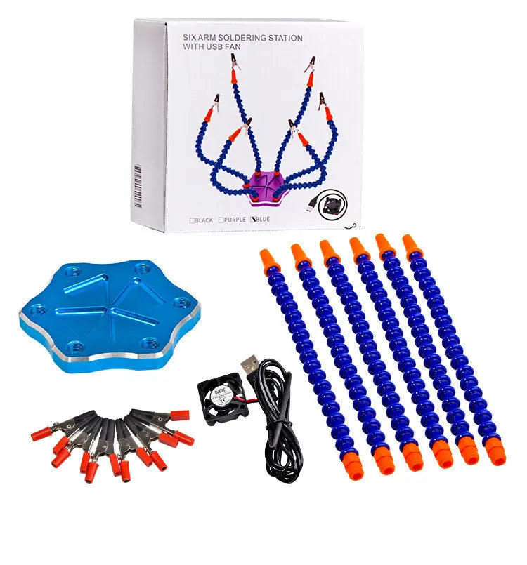 Black six-claw aluminium alloy welding station with multiple adjustable arms and a rotating head chuck.