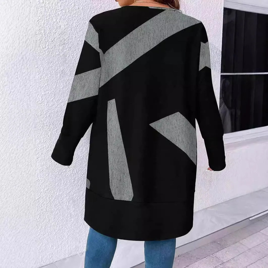 Black plus size loose knit cardigan coat with button front and stitching details