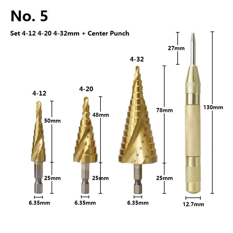 High speed steel step drill bits and centre punch set for metal drilling