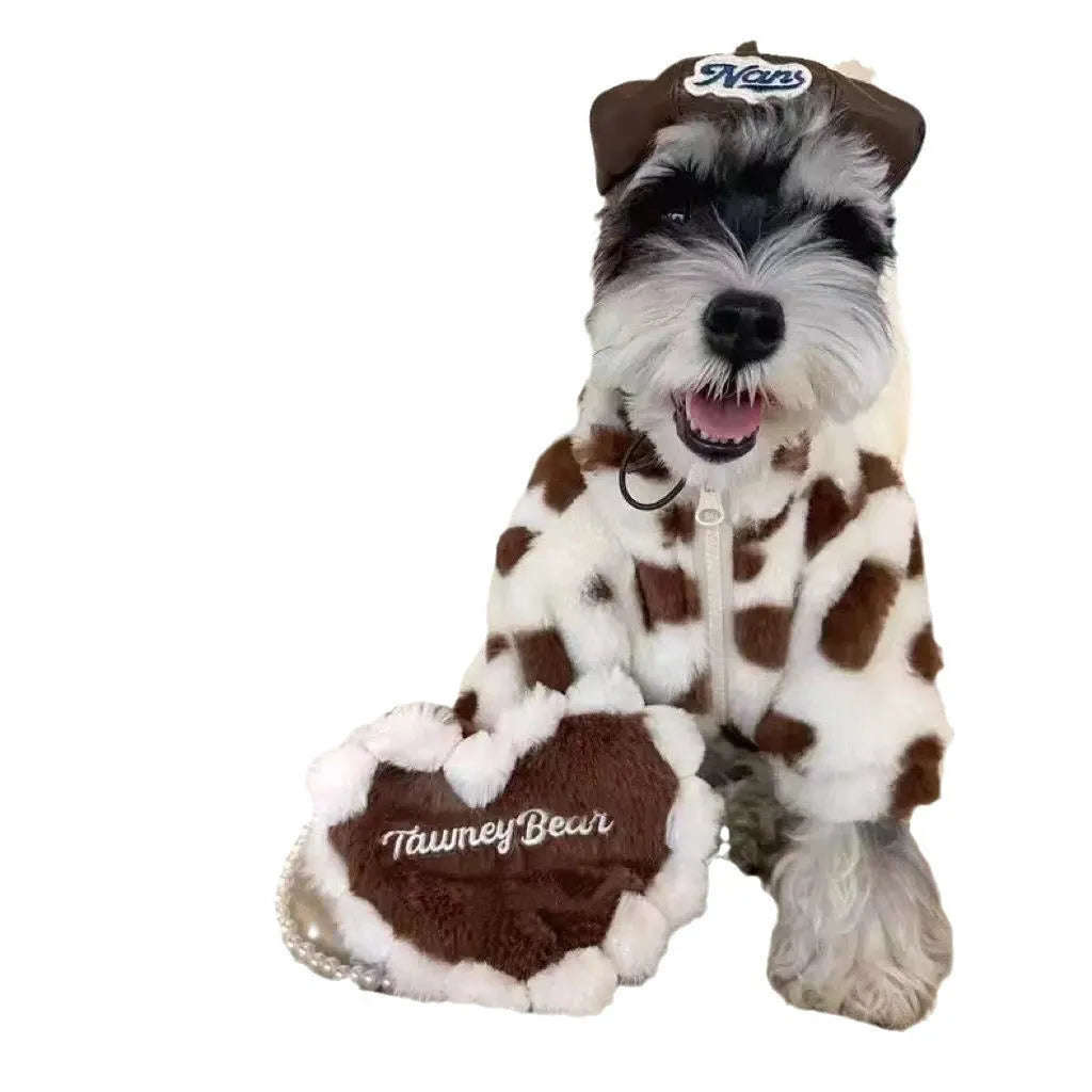 Small dog wearing pink polyester plush warm coat, suitable for Teddy, Bichon and Pomeranian breeds