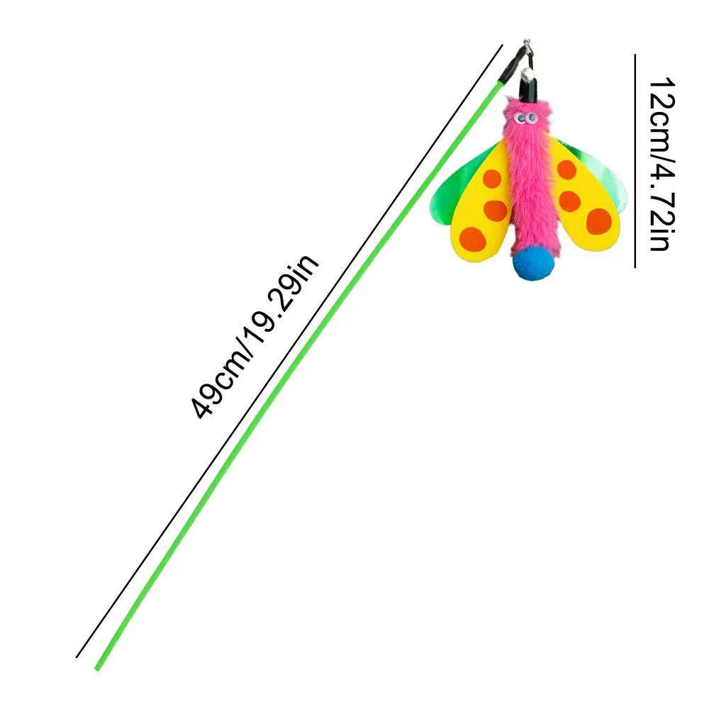 Blue, yellow, and pink dragonfly cat wand toy with bell on a long plastic stick.
