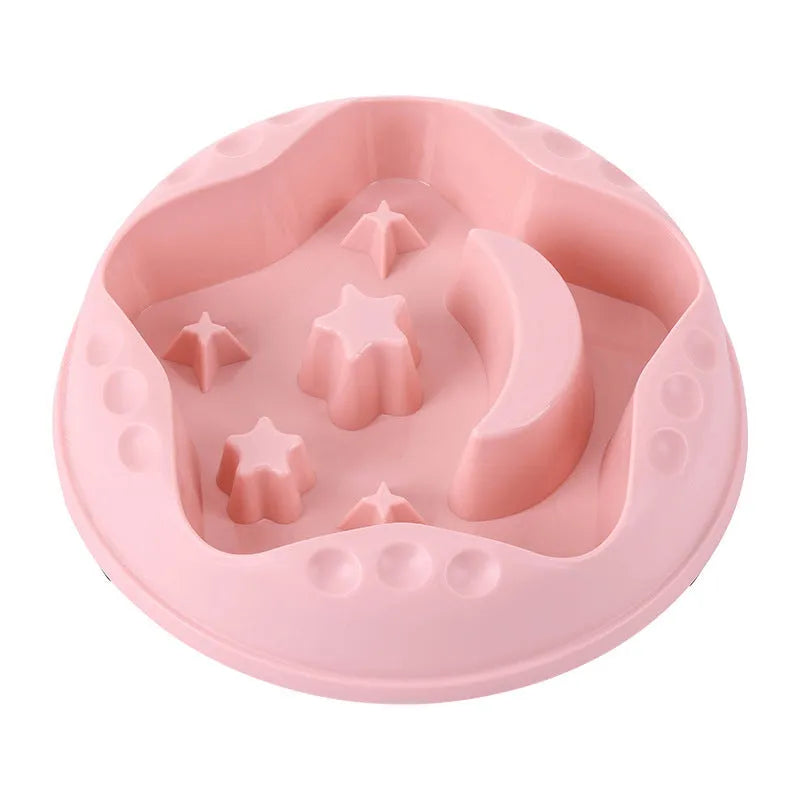 Moon Star Wings ceramic dog slow feeder bowl with raised centre ring and non-slip base in blue, grey, green, pink, or yellow.