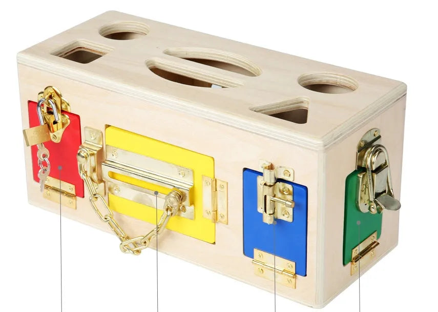 Wooden shape sorter lock box with 12 eco-friendly non-toxic pieces for preschool learning