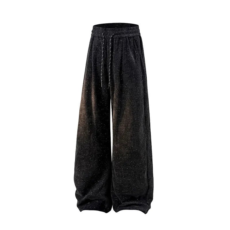 Plus-size straight-leg trousers with elastic waist, fleece lining and hollow-out detailing in black, dark grey or light grey