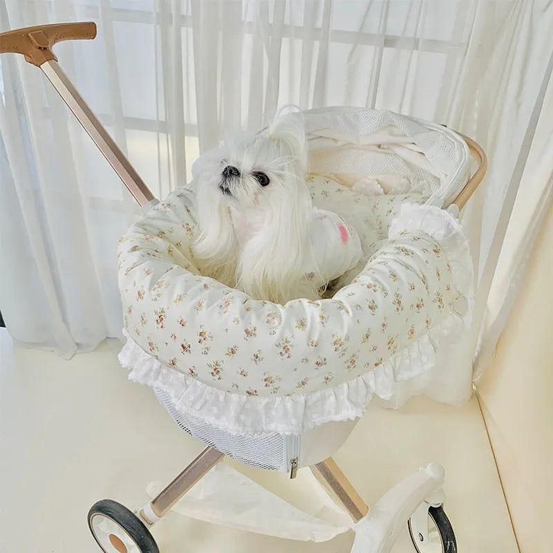 Pure cotton pet stroller set with towel, cushion and pillow in floral pattern
