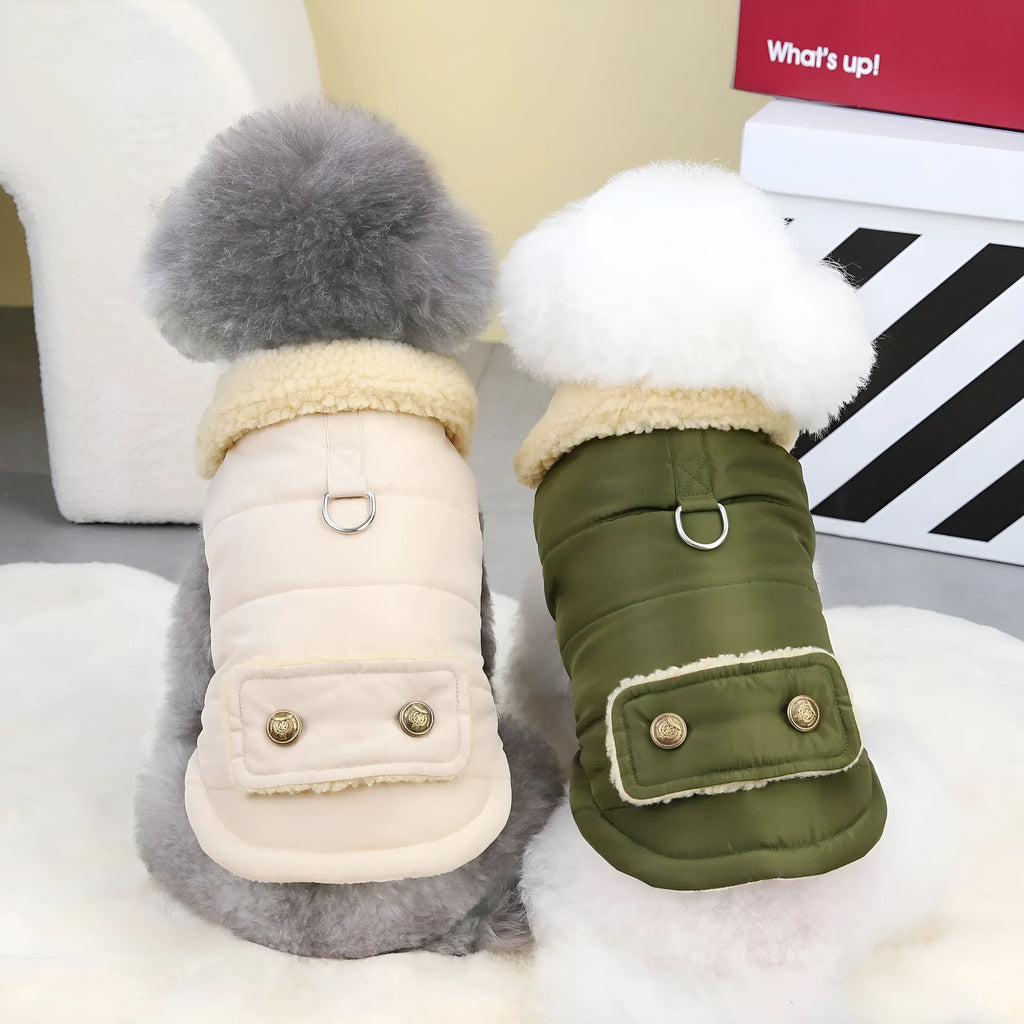 Teddy Cat Nordic fur collar cotton vest in green, draped on a surface showing fur collar and button closures