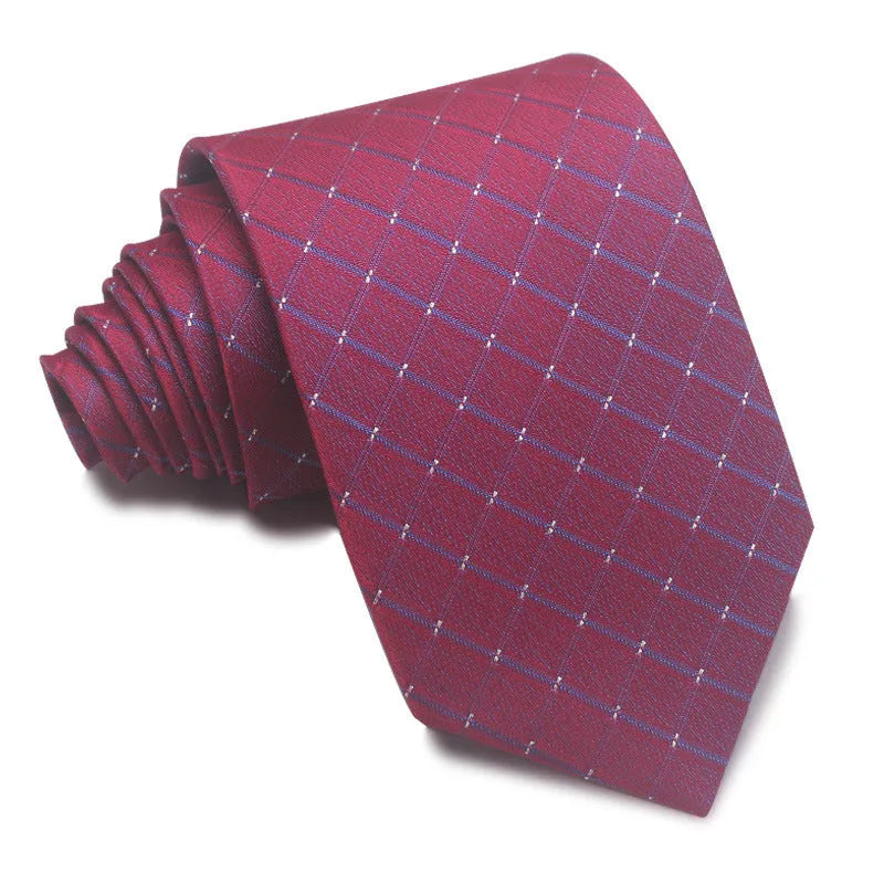 Men's red and black striped polyester jacquard tie with an arrow shape laid flat