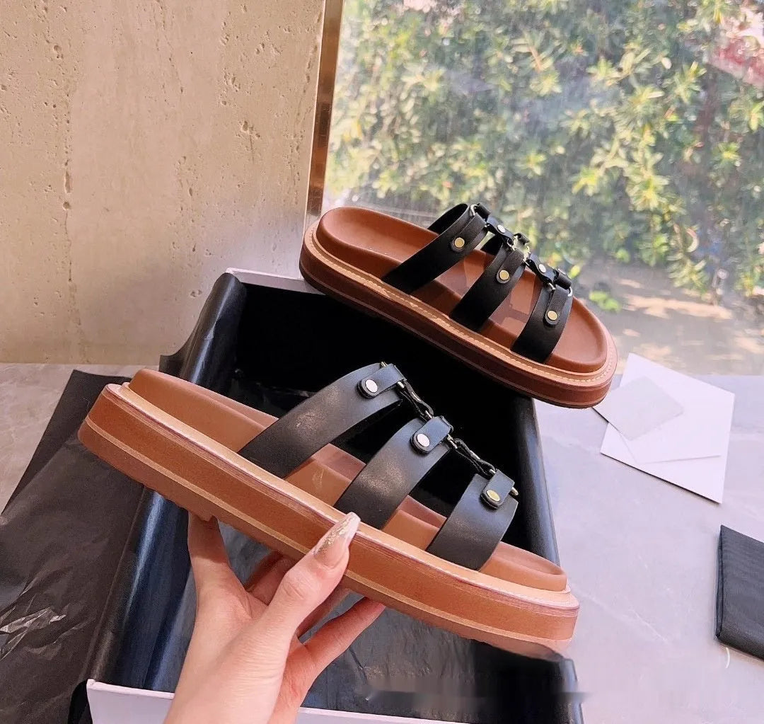 Women's retro Roman style sandal slippers in patent leather, shown in black, white, and brown colour options.