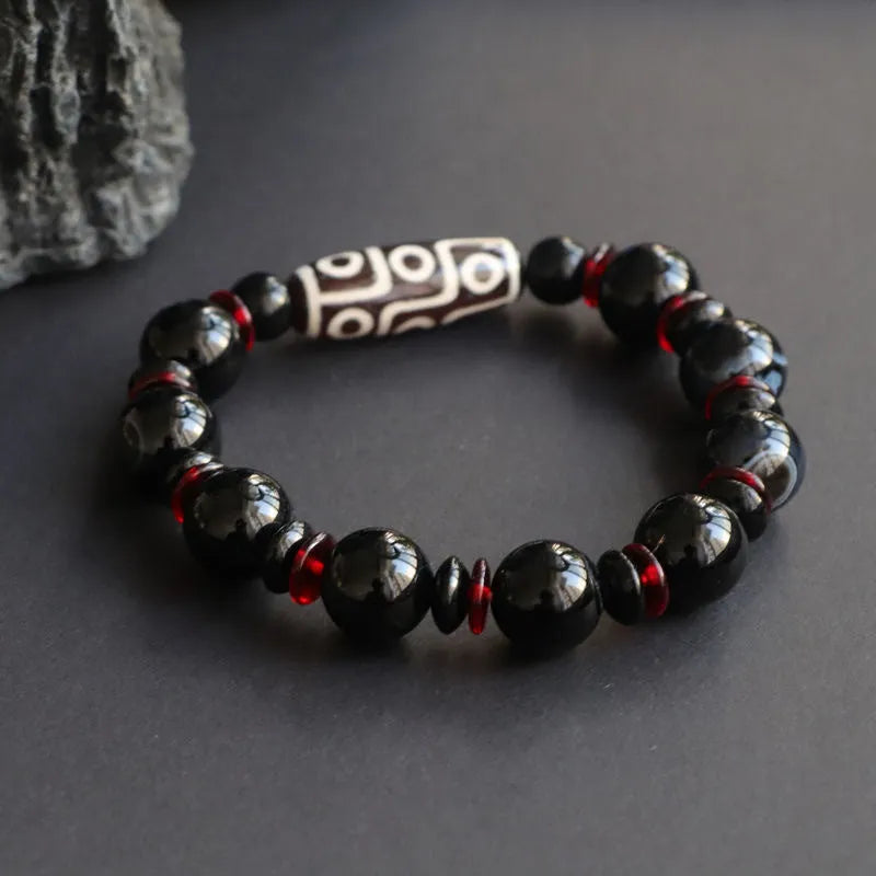 Hand-woven black agate Dzi bead bracelet with 11mm geometry-shaped stones