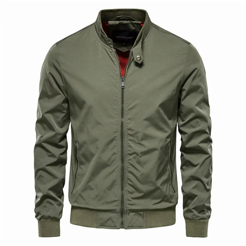 Men's solid colour thin casual jacket in dark blue, black, or army green.
