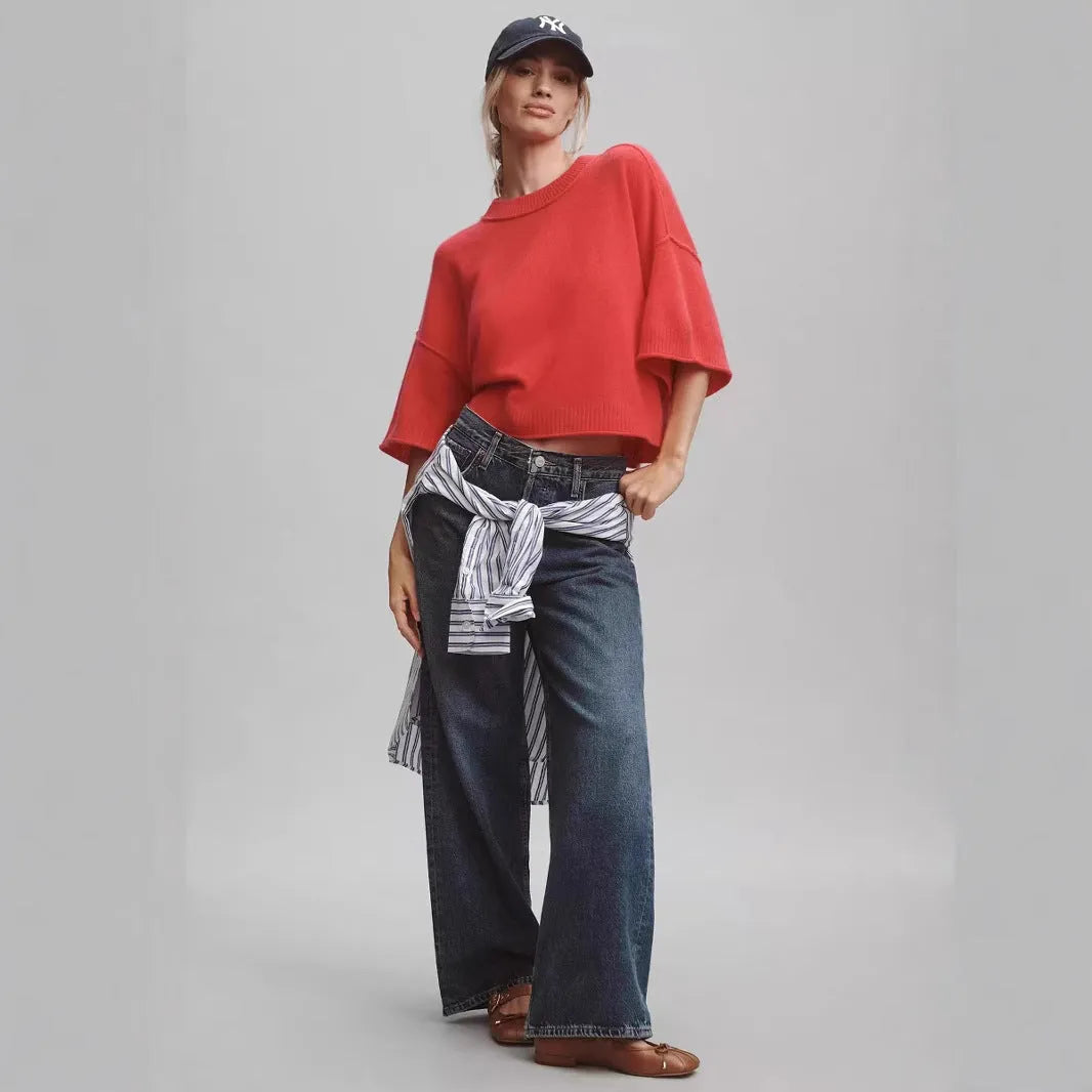 Women's red short T-shirt with exposed navel style made from viscose fibre.