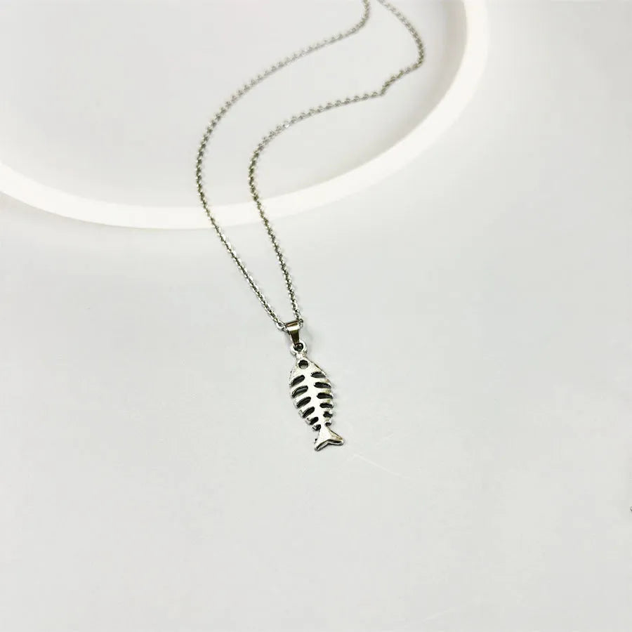 Fishbone pendant necklace and earrings set with adjustable length retro jewellery