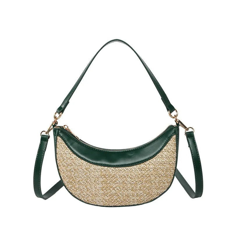Straw dumpling-shaped crossbody bag with sandwich pocket in black, green, brown or white colour options