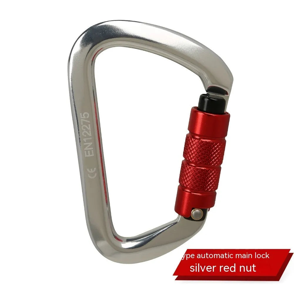 D-shaped climbing carabiner lock with automatic or threaded gate in colours: black, blue, orange, red, silver red.