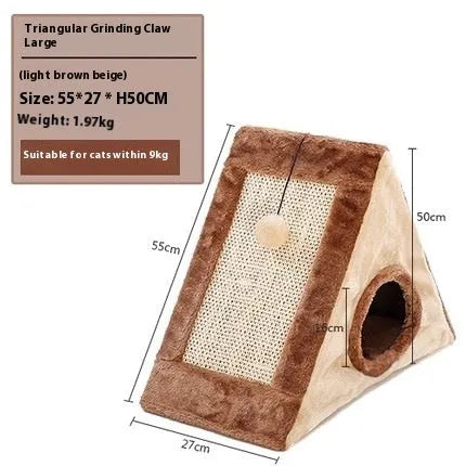 A grey and white triangular cat toy with a sisal scratching side and a soft plush bed.