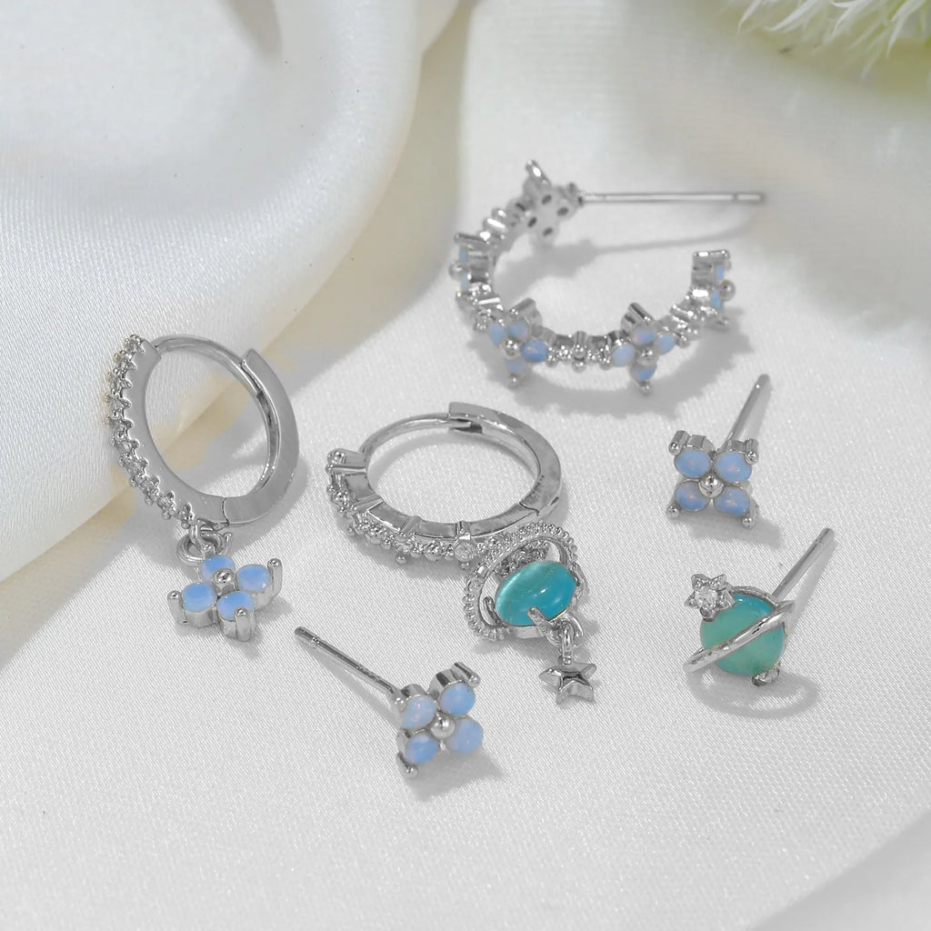 Japanese Korean style floral stud earrings with zircon mosaic in gold or silver colour