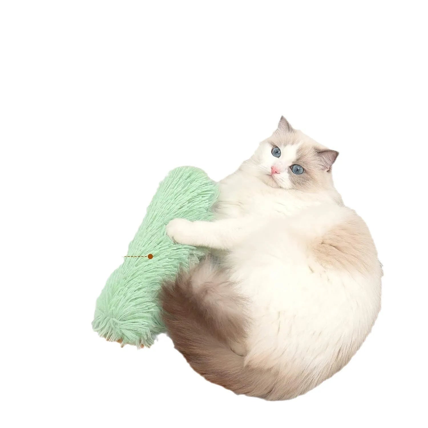 Plush cat toy pillow with crinkle paper in blue, green, pink and white colours measuring 27cm by 10cm