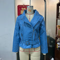 Black punk locomotive style jacket with short belt lapel and Peter Pan collar