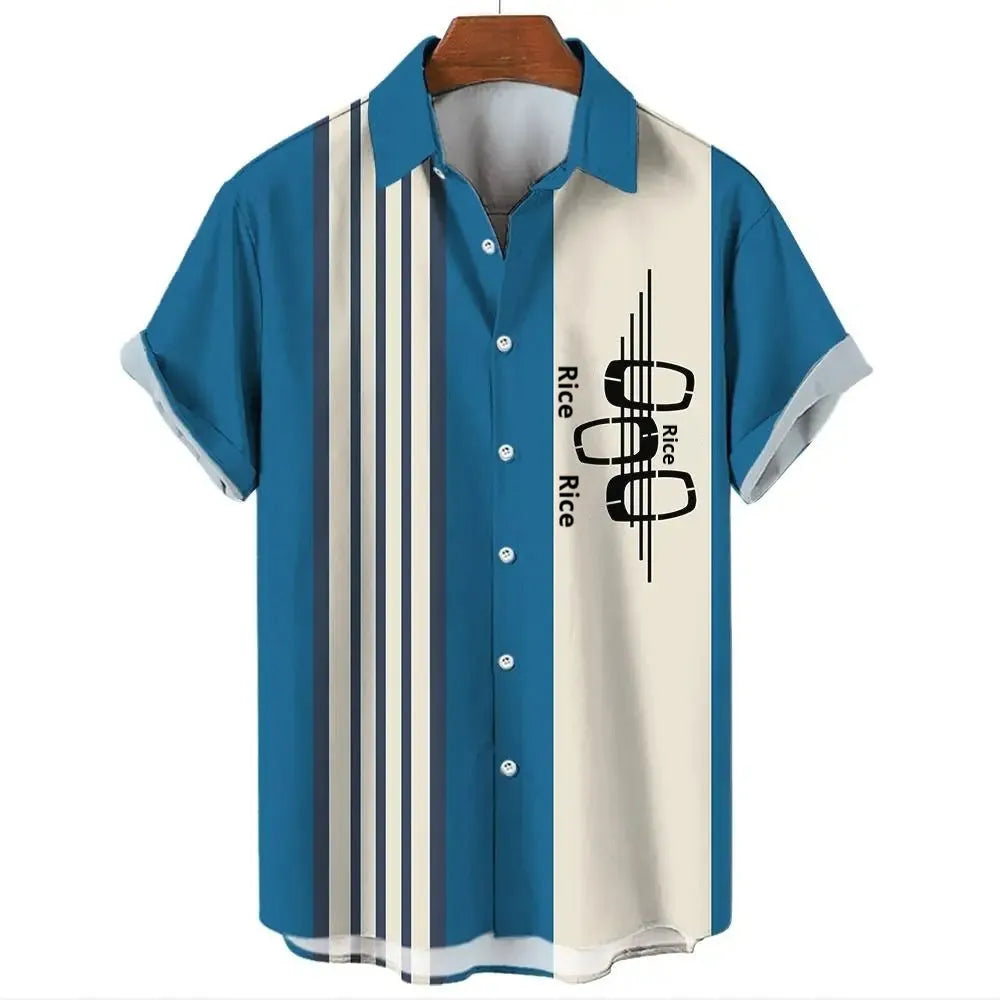 Man wearing a striped short-sleeve Hawaiian shirt made from elastic polyester fabric.