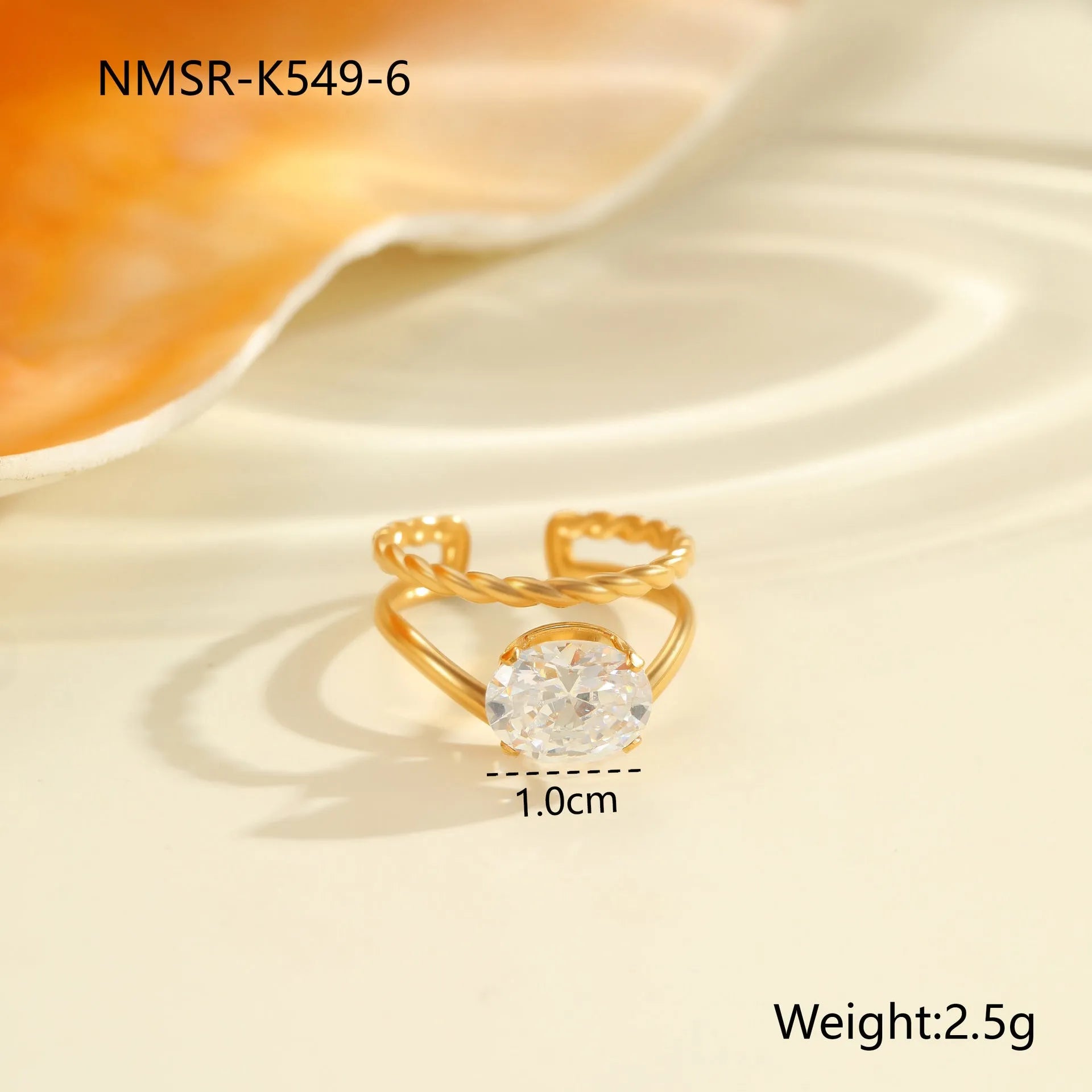 Gold electroplated stainless steel ring with zircon stones and open mouth adjustable design