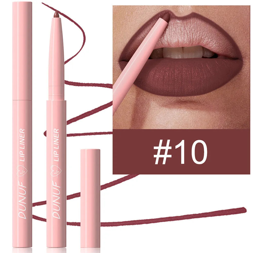 Velvet matte lip liner pencil in one of 12 available shades on a white background.